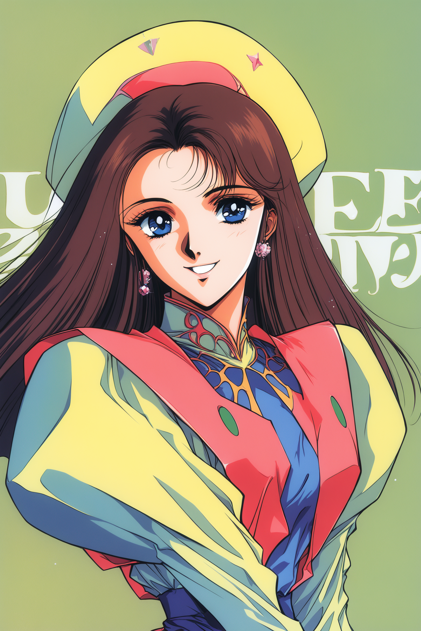 38012-688207869-Lachesis,1girl,solo,blue eyes,smile,hat,retro artstyle,long sleeves,brown hair,puffy sleeves,bangs,looking at viewer,upper body,.png
